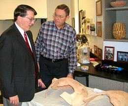 Gerald Mattingly shows Ferrell Jenkins some of the pottery from the Karak District of Jordan at the Archaeology Lab at Johnson Bible College.