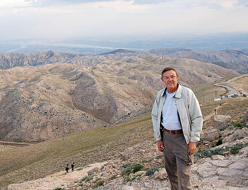 Ferrell Jenkins pauses near the top of Mount Nemrut.. The Euphrates valley  can be seen below.