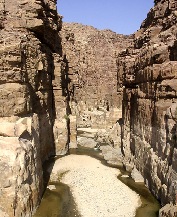 Arnon River flows into the Dead Sea from the Transjordan tableland. Photo by Ferrell Jenkins. biblicalstudies.info.