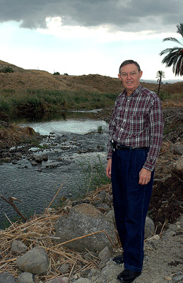 Ferrell Jenkins on the banks of the Jordan River south of the Sea of Galilee. Photo by Leon Mauldin.