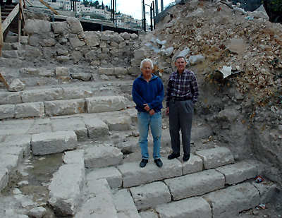 Ronnie Reich and Ferrell Jenkins at the new excavations of the Pool of Siloam. Photo by Leon Mauldin.