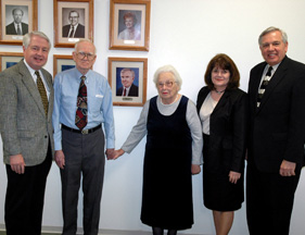 Florida College added Phil Roberts to the Faculty Gallery in a ceremony Nov. 17, 2005. Photo shows President Caldwell, Don , Lane, and Eileen Roberts, and Dean Payne. Photo by Ferrell Jenkins.